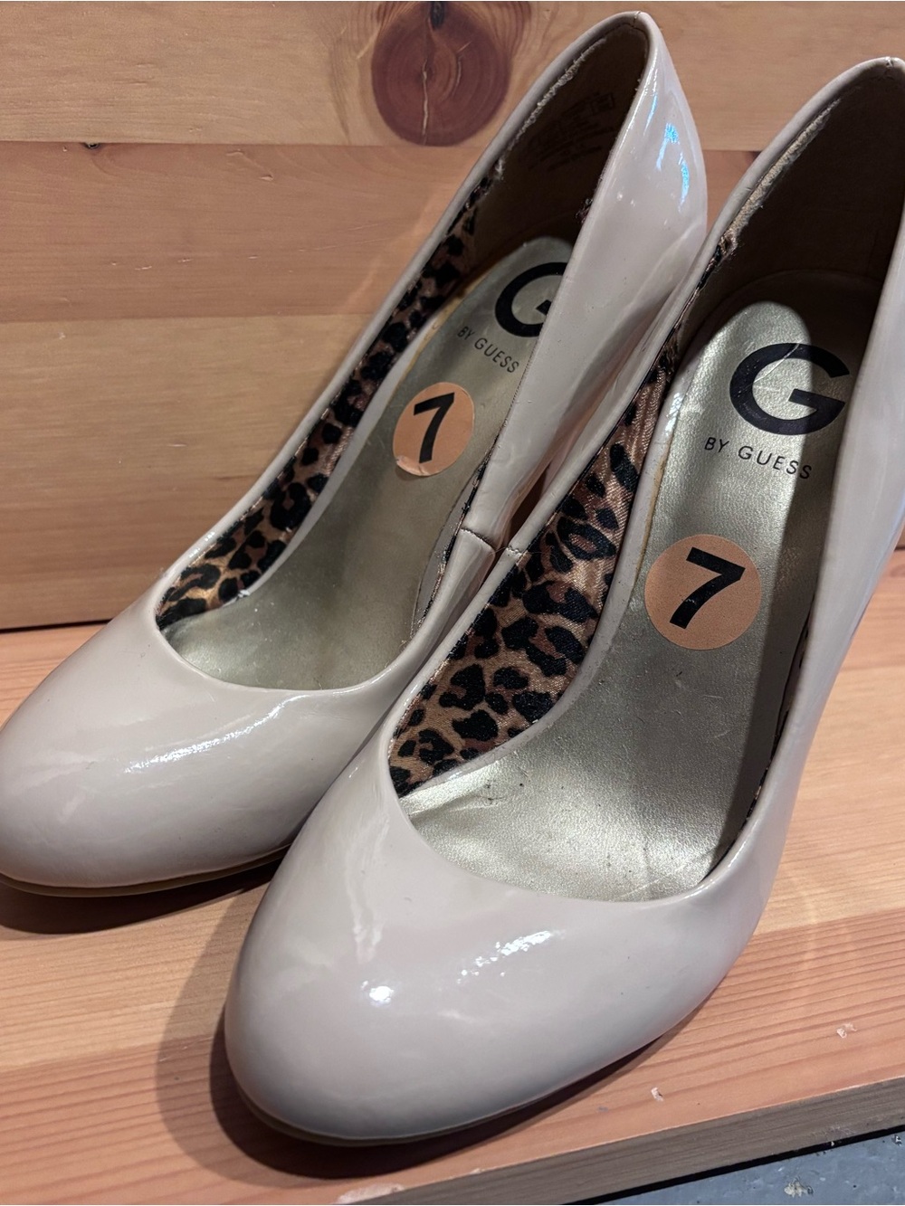 G by Guess Beige Patent Round-Toe Pumps with Leopard Lining